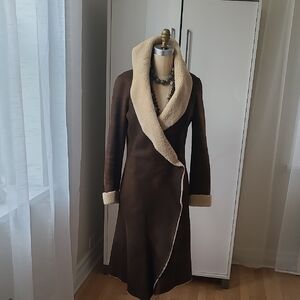 Brown Shearling Coat with Cream Trim